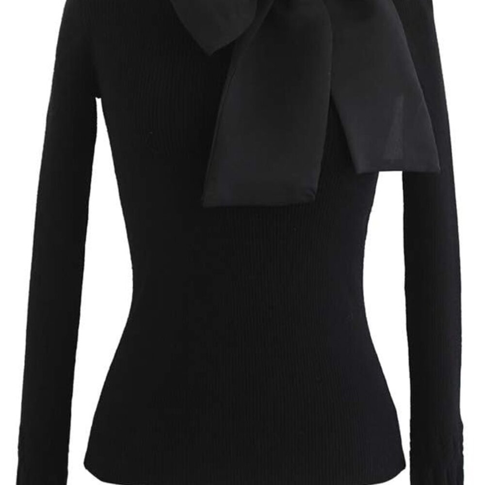 Women Bow Tied Long Sleeve Knit Top Mock Neck Slim Fitted Elegant Blouses Top So